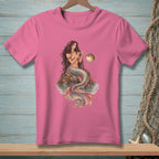 Pink t-shirt with a detailed illustration of a mermaid and a pufferfish.