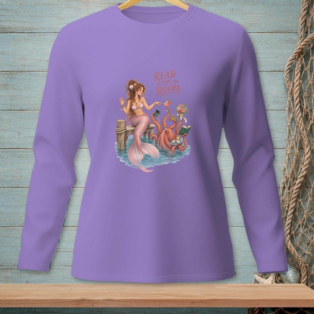 Mermaid and octopus reading on a dock with text "Read the Room."