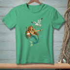 Mermaid with red hair interacts with a seagull near a buoy in the ocean.