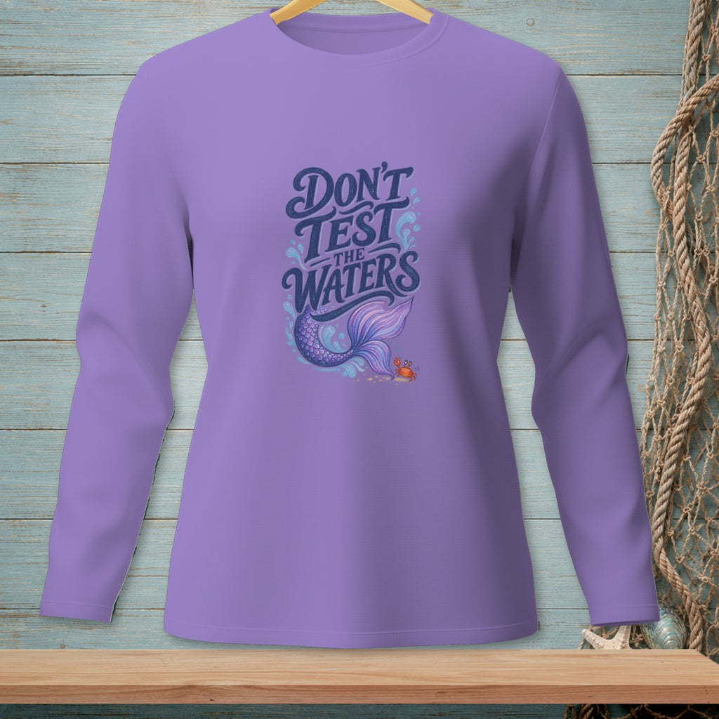 Purple long-sleeve shirt with text and mermaid tail graphic.