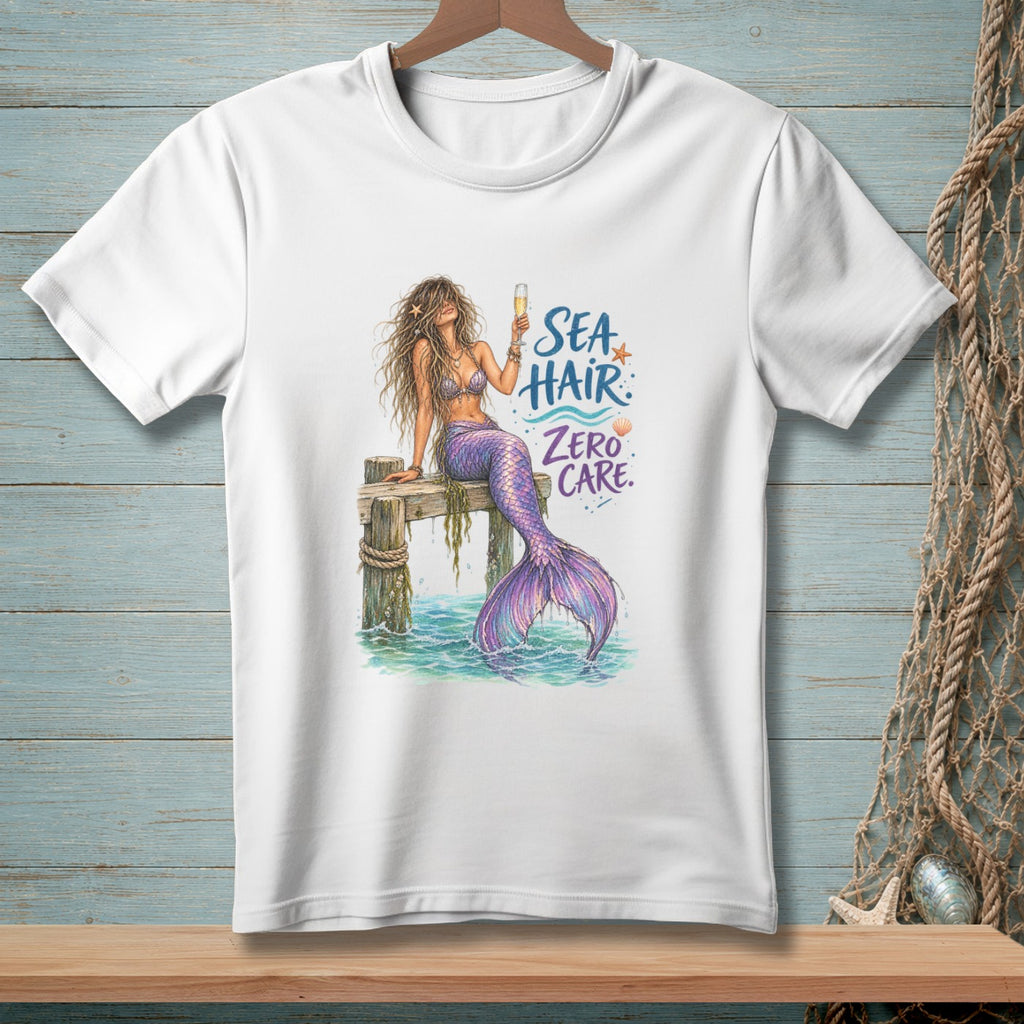White t-shirt with mermaid illustration and text "Sea Hair Zero Care".