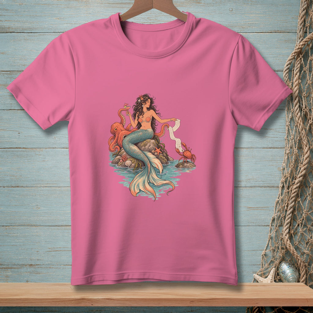 Mermaid with octopus and crab on rocks, holding a scroll.