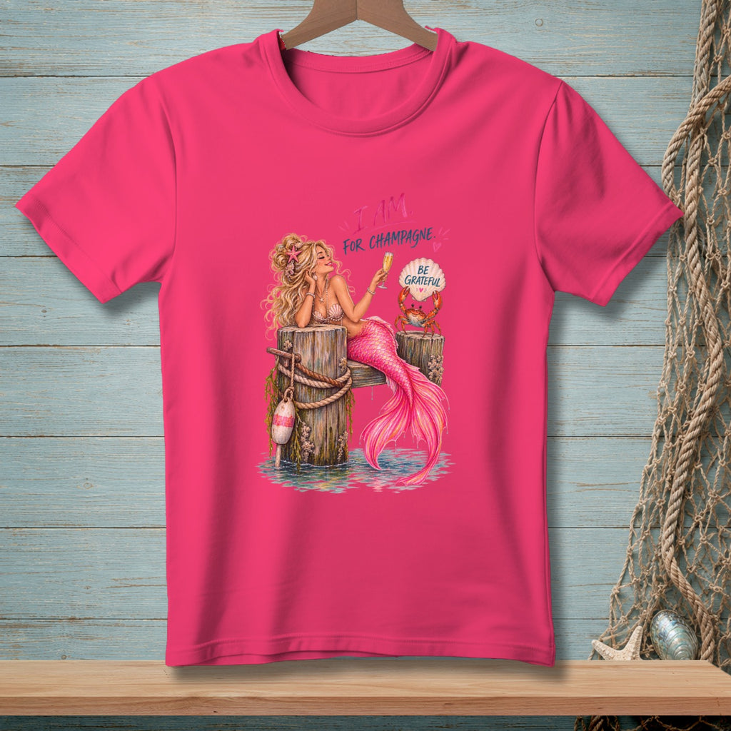 Mermaid with champagne, crab, and text "I AM FOR CHAMPAGNE. BE GRATEFUL."