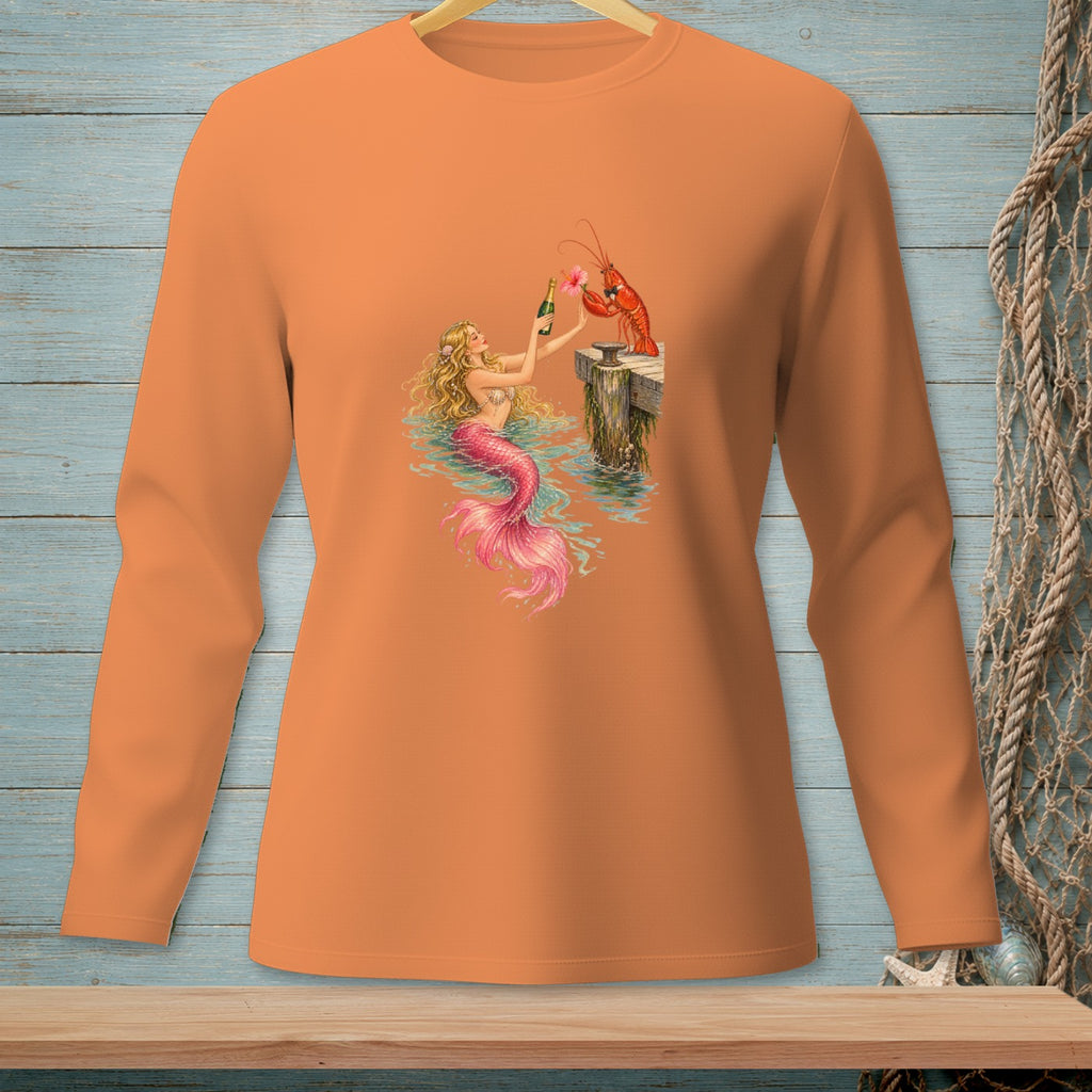 Mermaid with pink tail offers champagne to lobster on a pier.