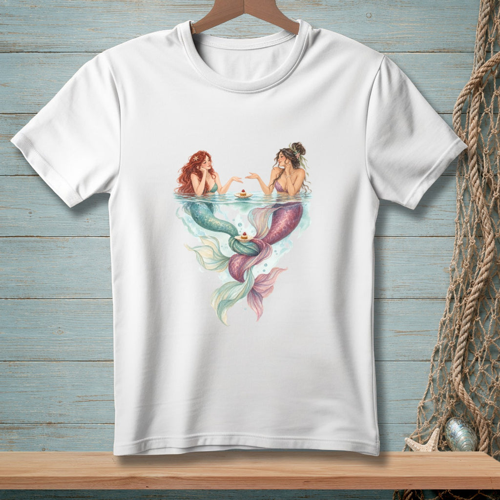 Two mermaids with cupcakes in water, printed on a white t-shirt.