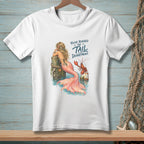 White t-shirt with a mermaid and lobster graphic, featuring text "You've reached the tail department."