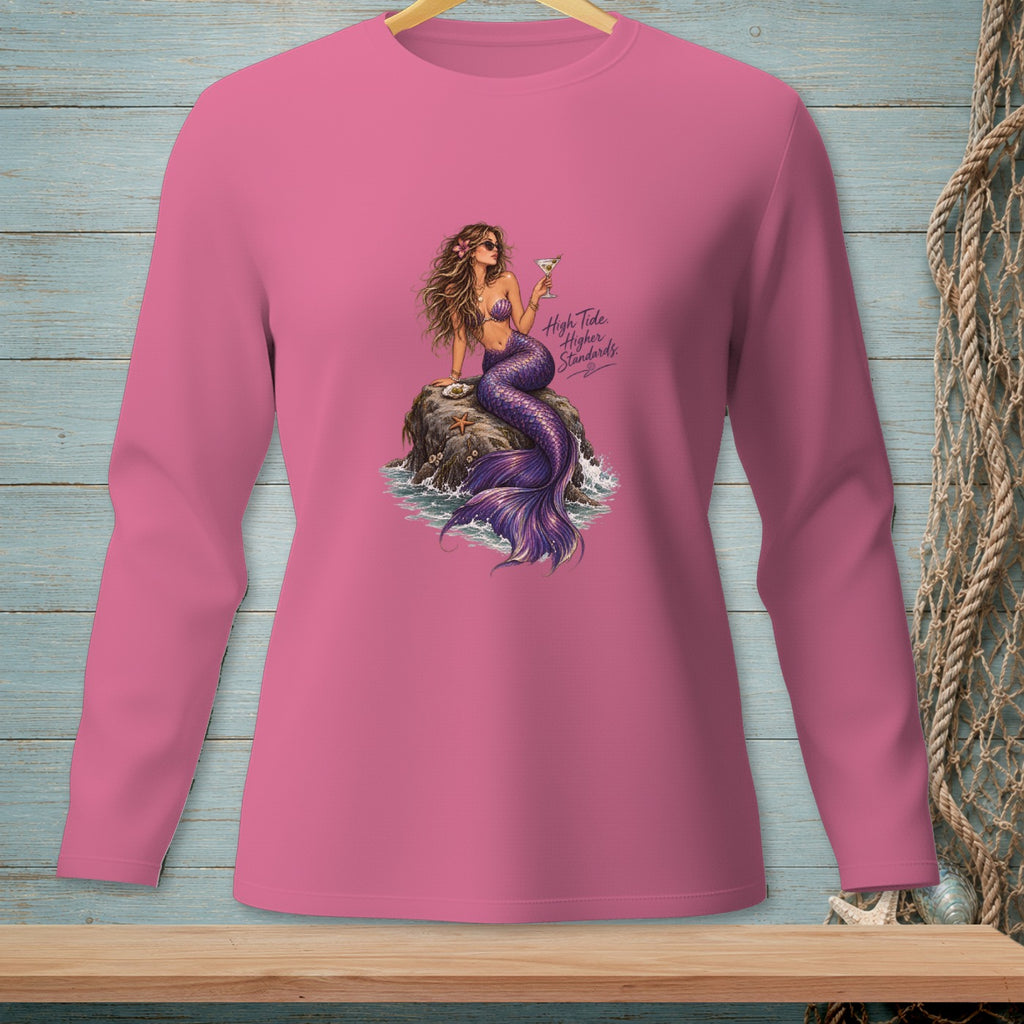 Pink long-sleeve shirt featuring a mermaid with a purple tail and text "High Tide. Higher Standards."