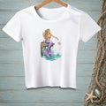White t-shirt with mermaid graphic, holding champagne and a "done" sign.