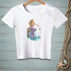 White t-shirt with mermaid graphic, holding champagne and a "done" sign.