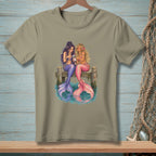 Two mermaids with colorful tails sit on a dock looking at a smartphone.