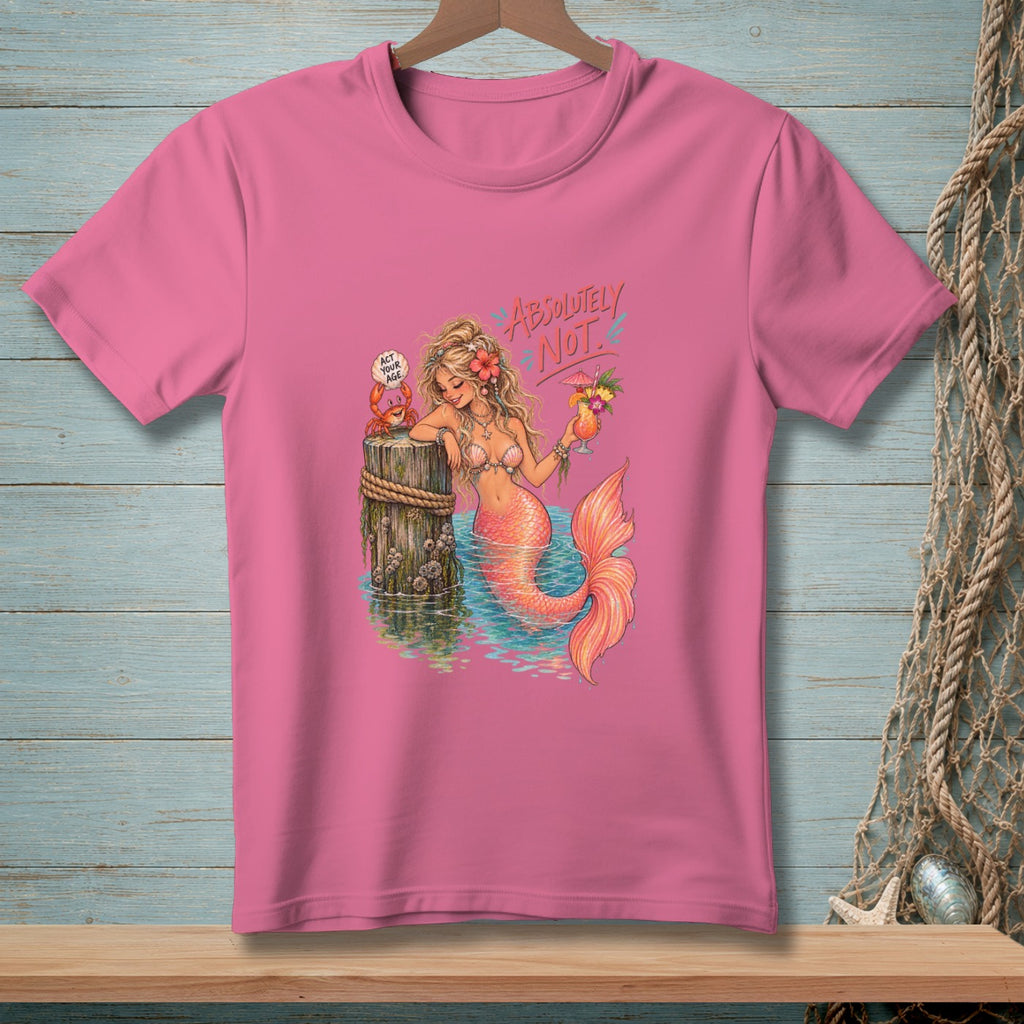 Pink t-shirt with a mermaid, crab, and "Absolutely Not" text.