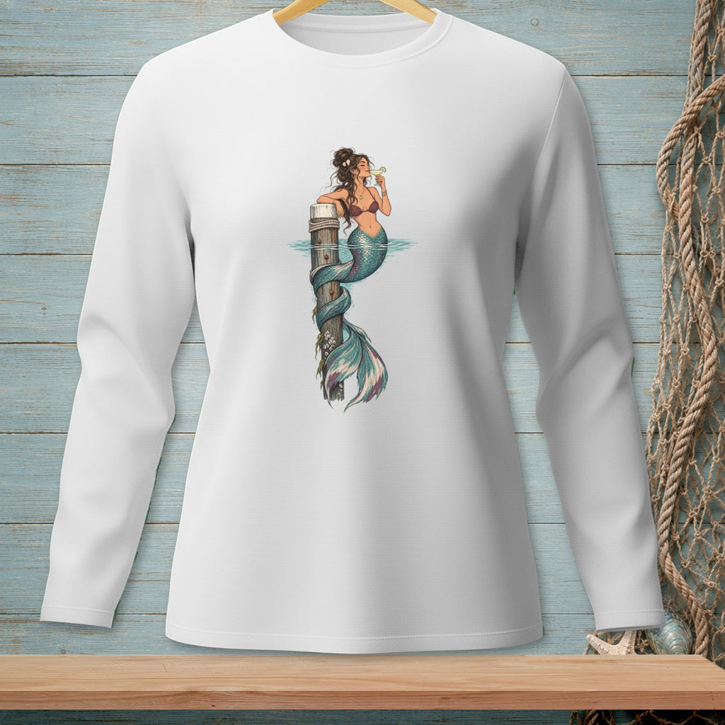 Mermaid on a dock post drinking a cocktail with a detailed tail