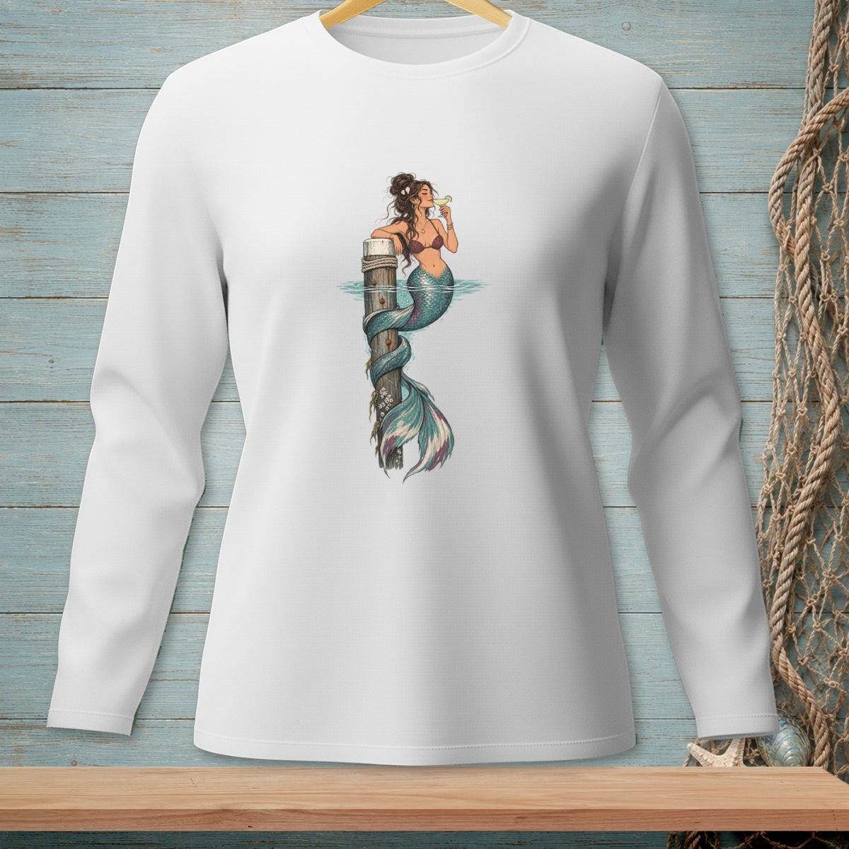 Mermaid on a dock post drinking a cocktail with a detailed tail