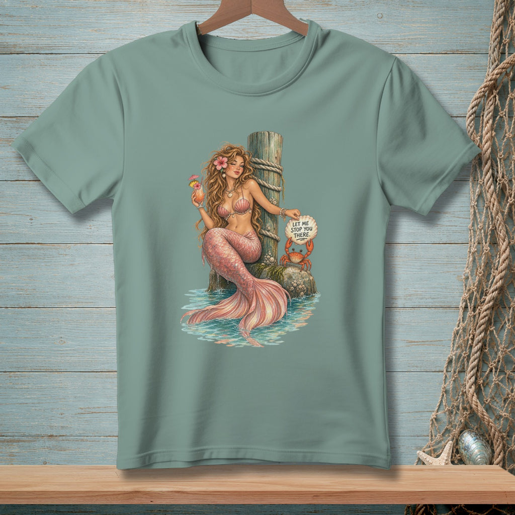 Mermaid holding a drink sits by a dock post with a crab holding a sign.