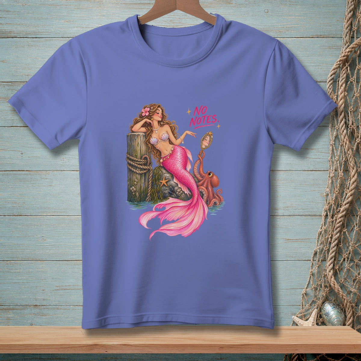 Mermaid with pink tail and octopus looking in mirror with text "NO NOTES".