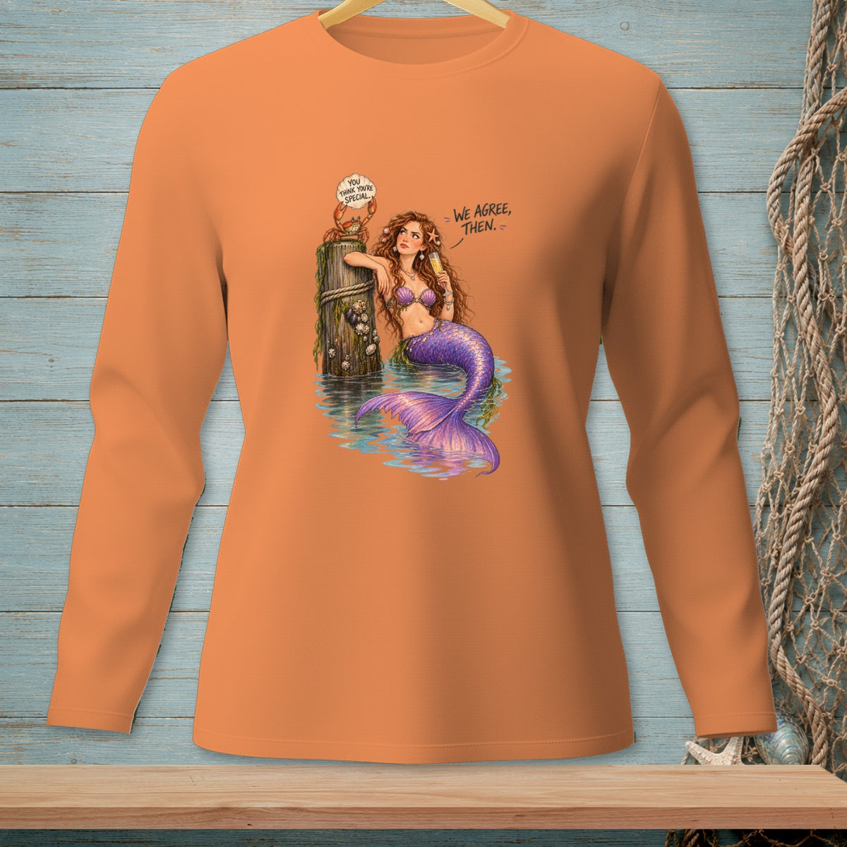 Mermaid with purple tail and crab on a post, text reads "You think you're special."