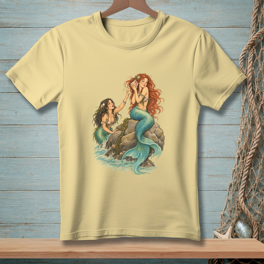 Yellow t-shirt with a graphic of two mermaids by a rock and ocean waves.