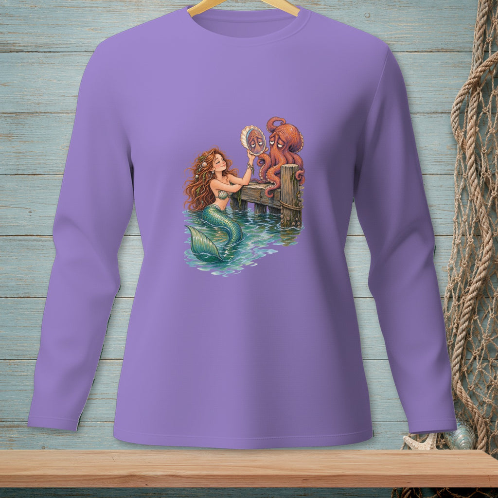 Mermaid and octopus look at a pearl on a dock with water.