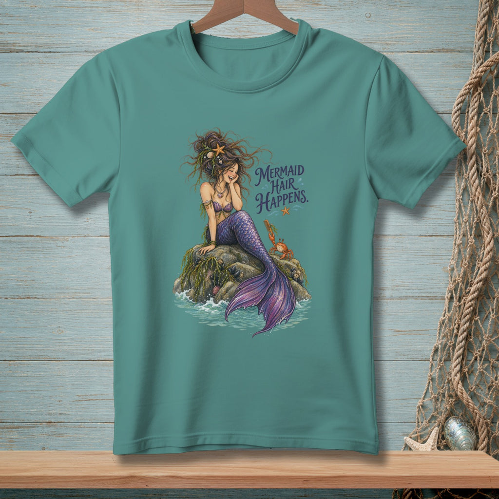 Mermaid with purple tail sitting on rock with text "Mermaid Hair Happens."