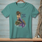 Mermaid with purple tail sitting on rock with text "Mermaid Hair Happens."