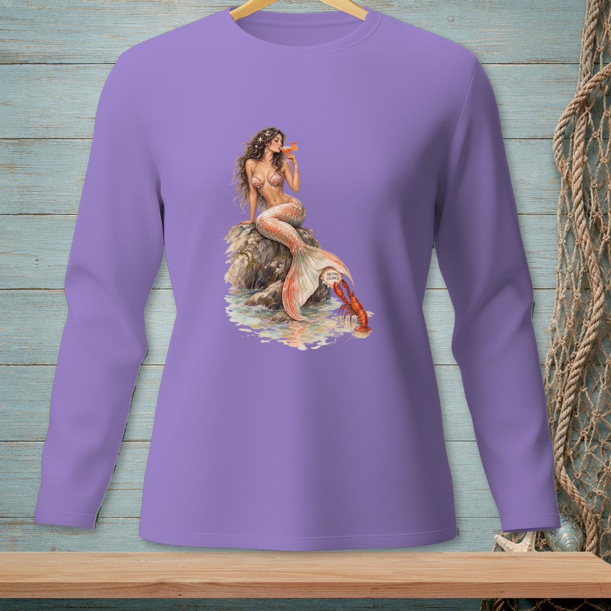 Mermaid on rock with lobster and drink, text "Second Chance" on tail.