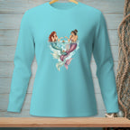 Aqua long sleeve shirt with two mermaids sharing cake at the water's surface.