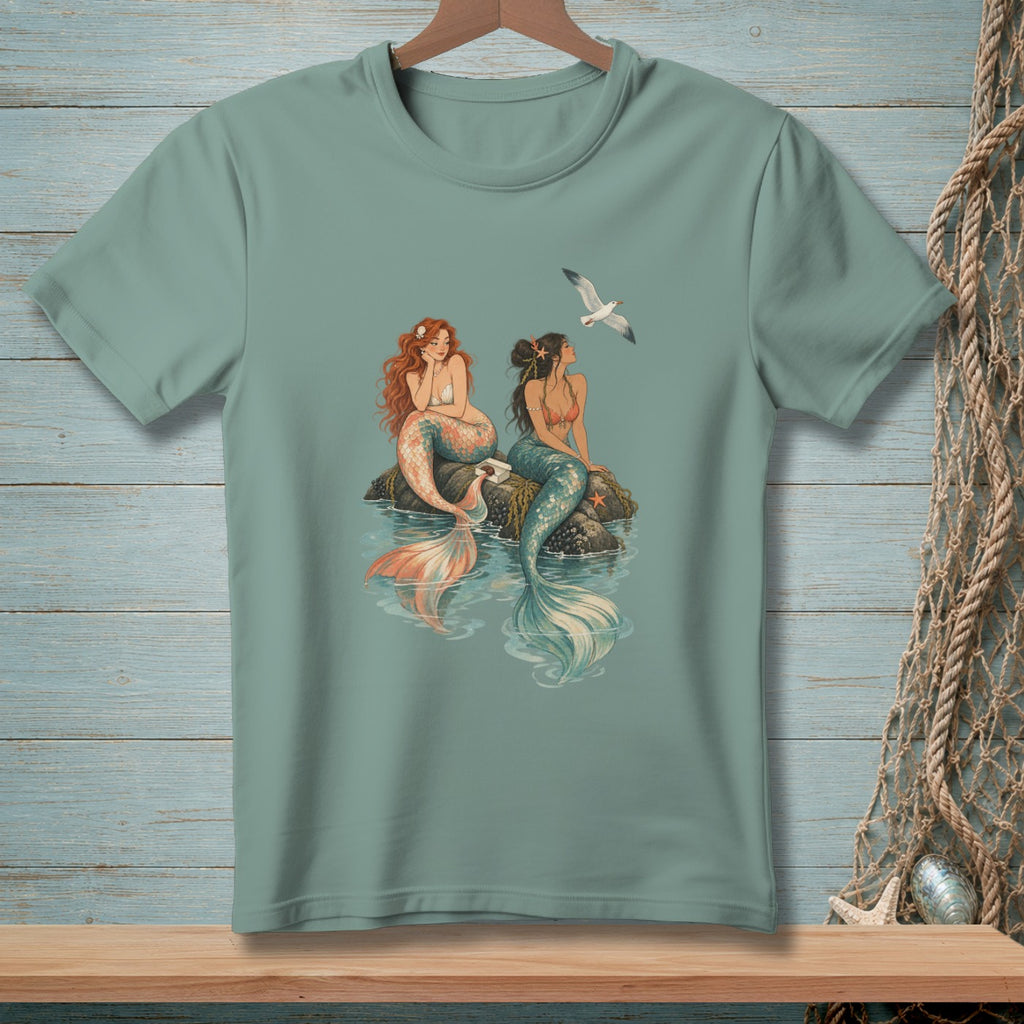 Two mermaids sit on rocks in the water with a seagull flying overhead.