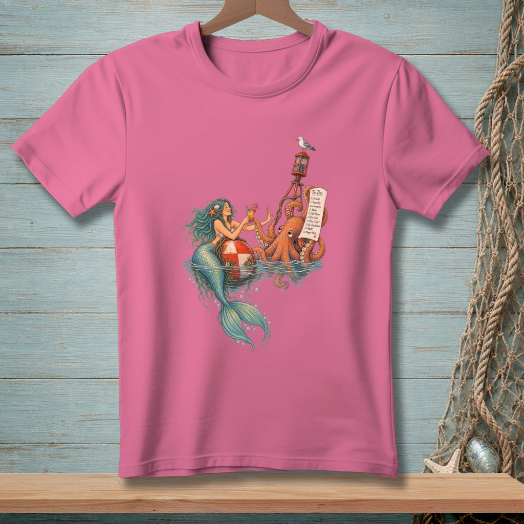 Mermaid and octopus share a drink near a buoy with a "To Do" list.