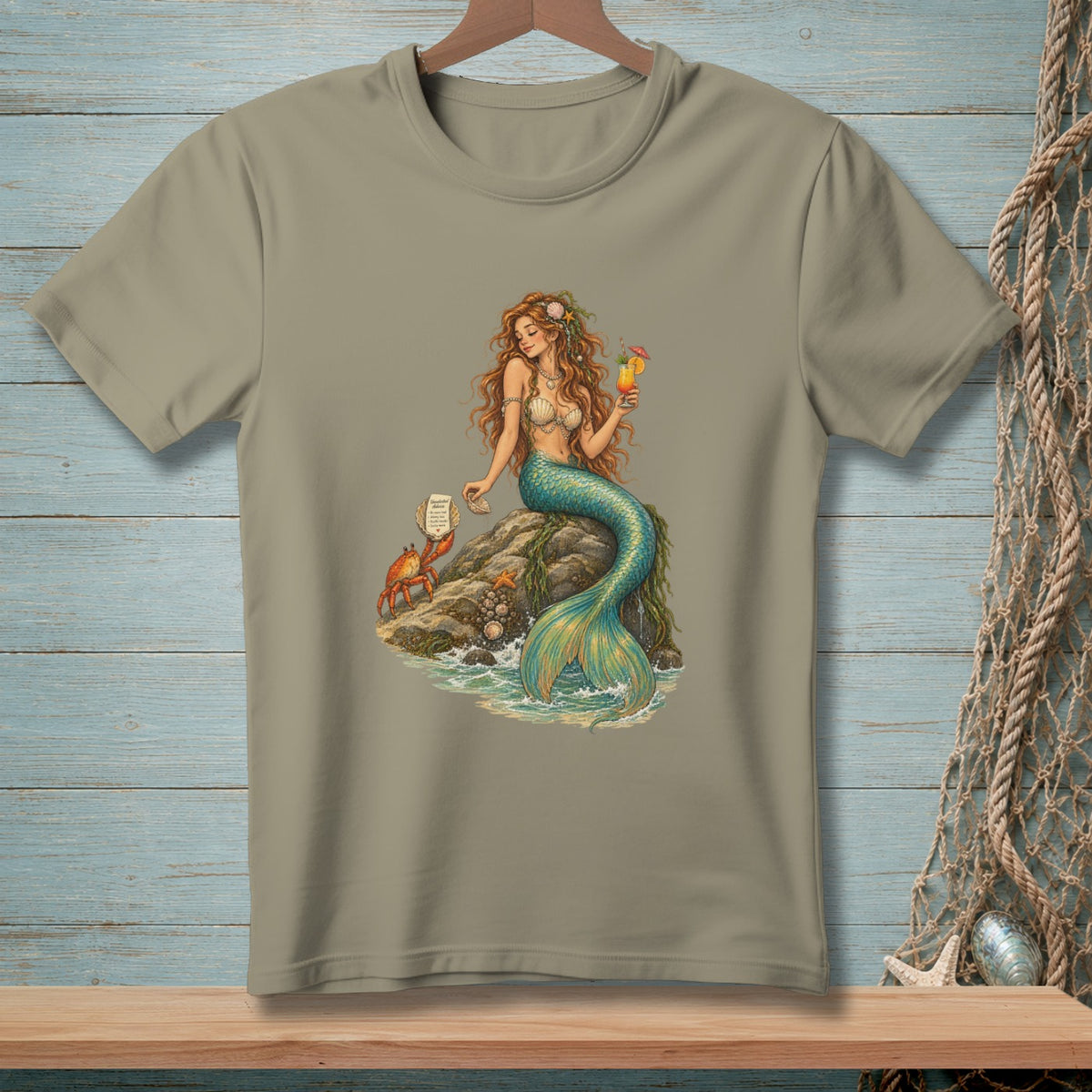 T-shirt graphic of a mermaid with a drink and a crab on a rock.