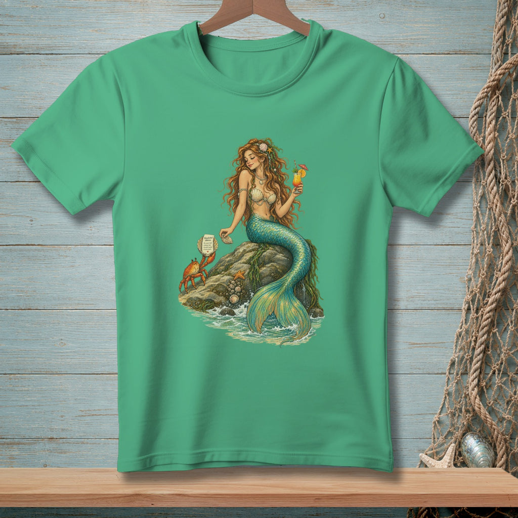 Green t-shirt with a detailed illustration of a mermaid holding a drink and a crab.