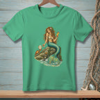 Green t-shirt with a detailed illustration of a mermaid holding a drink and a crab.