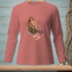 Salmon long sleeve shirt with a mermaid illustration holding a seashell.