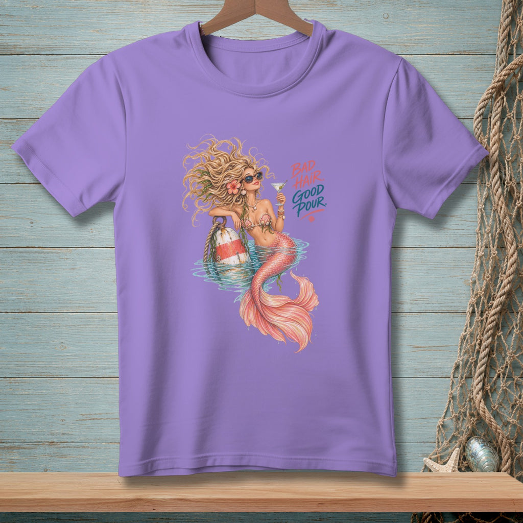 Mermaid with sunglasses and drink, text says "Bad Hair, Good Pour."