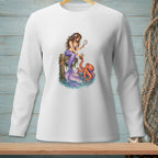 Mermaid with purple tail and octopus share a drink by the dock.