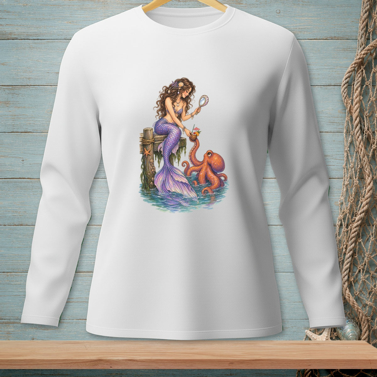 Mermaid with purple tail and octopus share a drink by the dock.