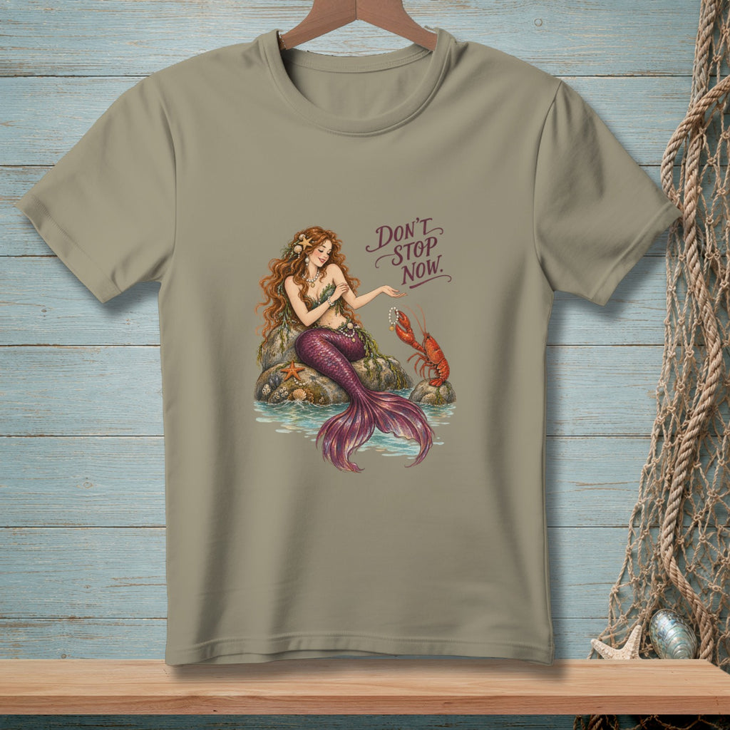 T-shirt with mermaid and lobster illustration, and text "DON'T STOP NOW."
