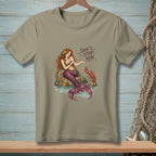 T-shirt with mermaid and lobster illustration, and text "DON'T STOP NOW."