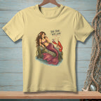 Mermaid with lobster and text "THE BAR WAS LOW" on a pale yellow t-shirt.