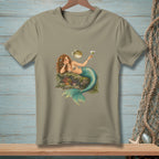 T-shirt featuring a mermaid with a blue tail holding a martini glass and a pufferfish.