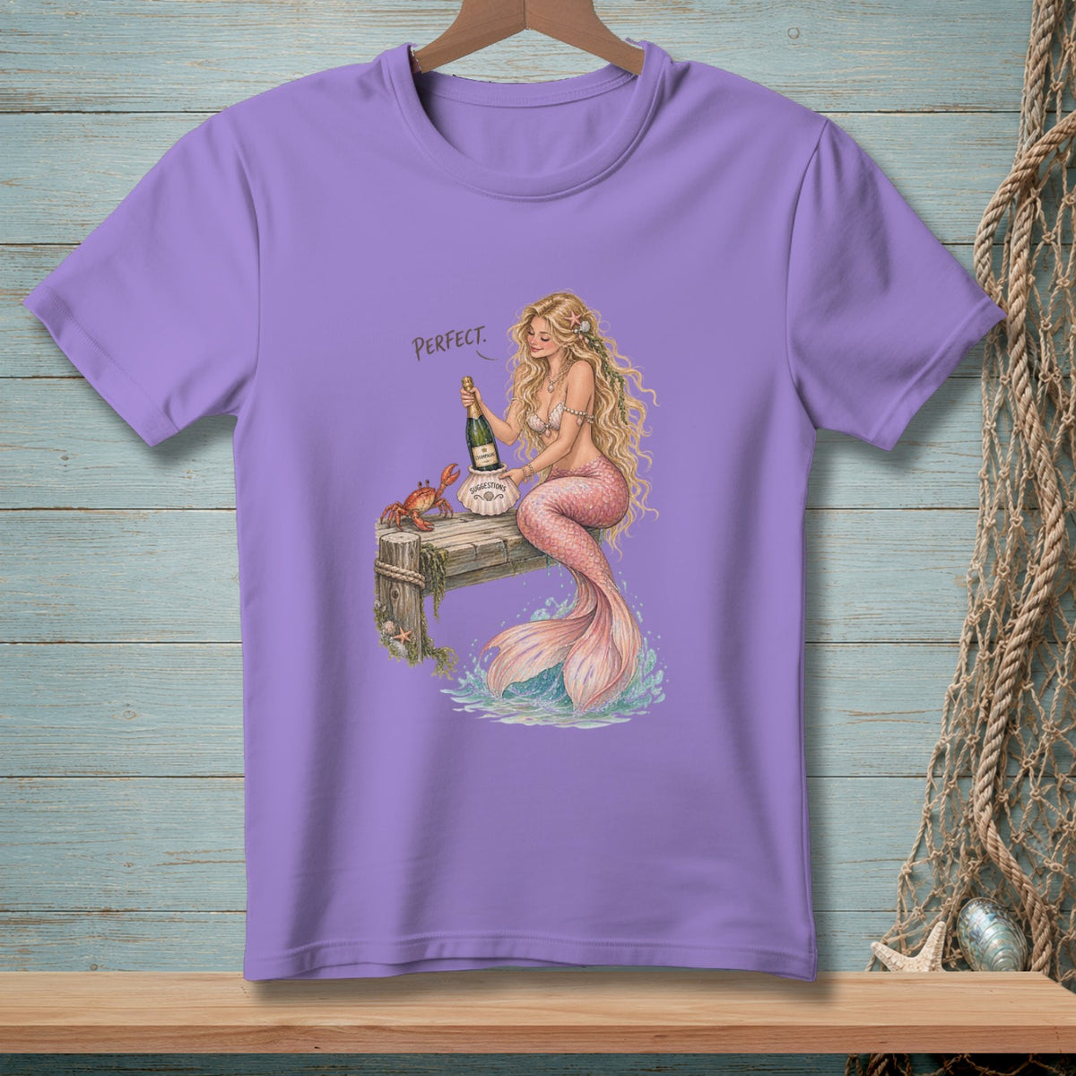Mermaid with champagne bottle, crab, and "Perfect" text on a purple t-shirt.