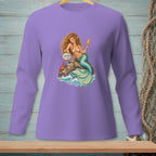 Long-sleeved purple shirt with a mermaid graphic holding a drink and a sign.