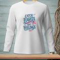 White long-sleeve shirt with "Catch Flights Not Feelings" mermaid tail graphic.