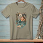 T-shirt with a mermaid sitting by a pier with a "Absolutely No Drinking" sign.
