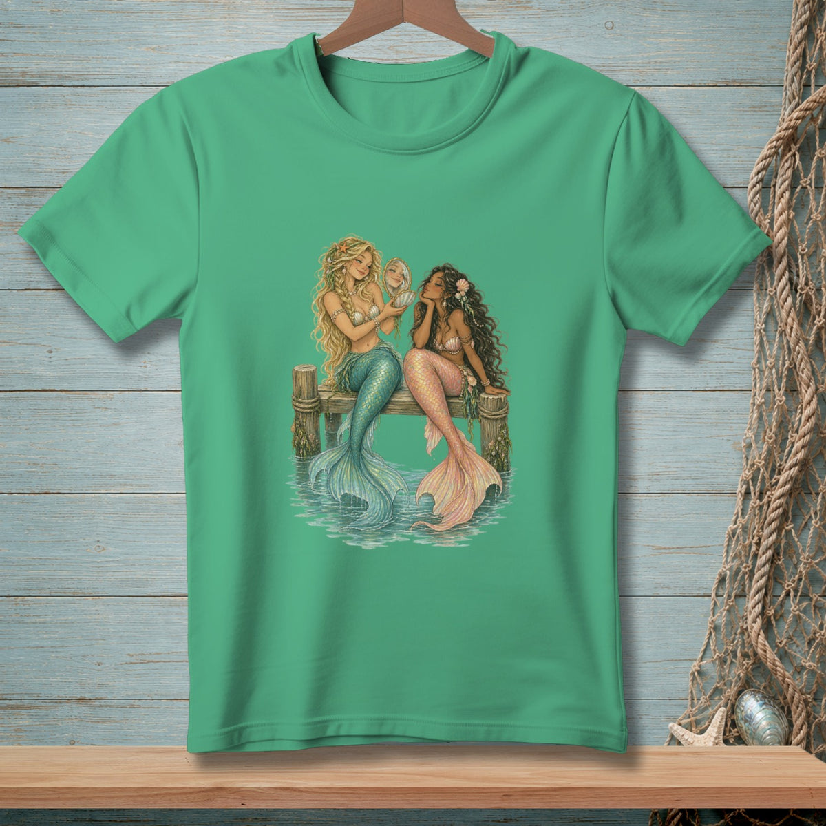 Two mermaids with tails sit on a wooden dock, one holding a shell to her ear.
