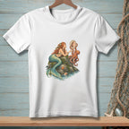 Mermaid with octopus looking in a seashell mirror on a rock.