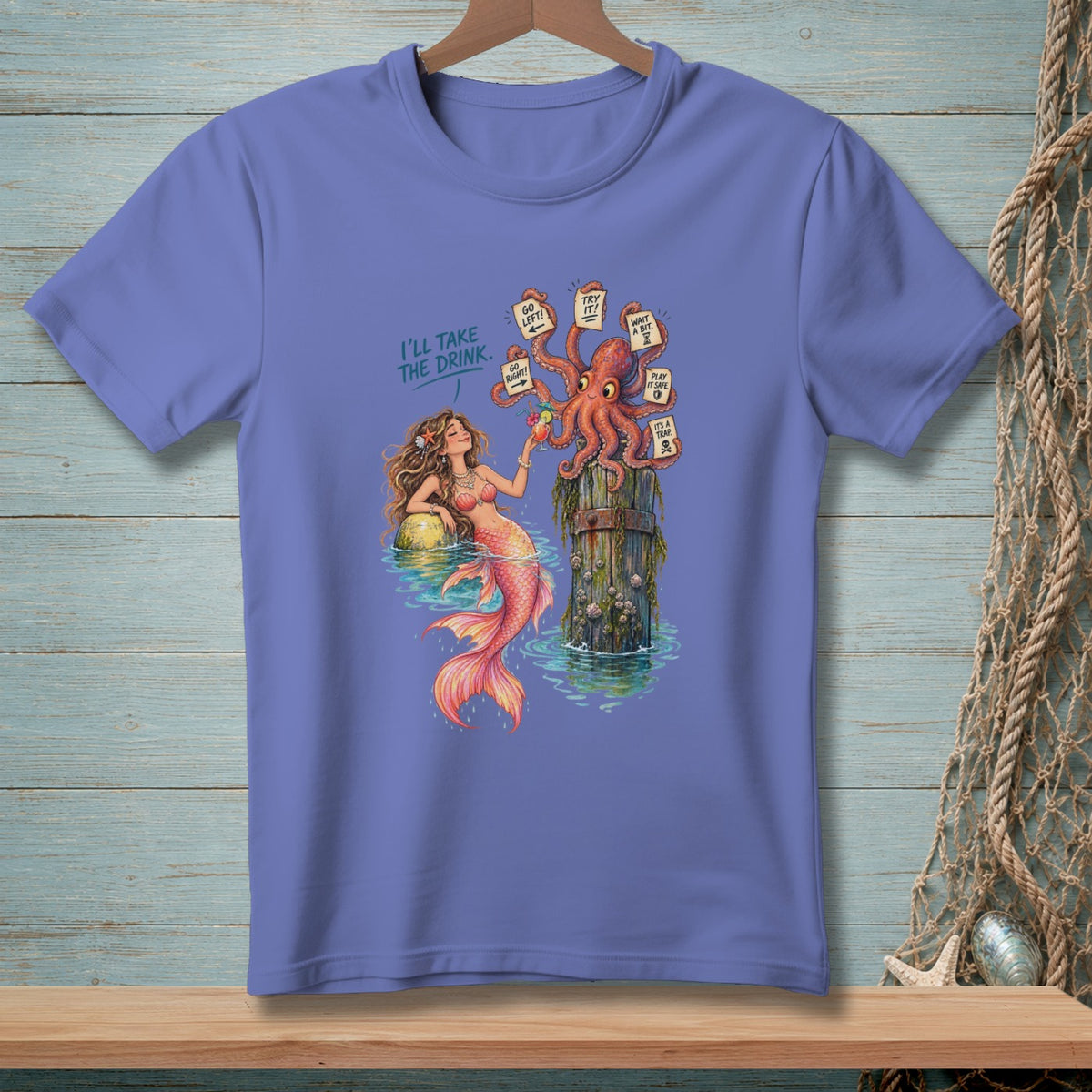 Mermaid and octopus with signs saying "I'll take the drink" and various directions.