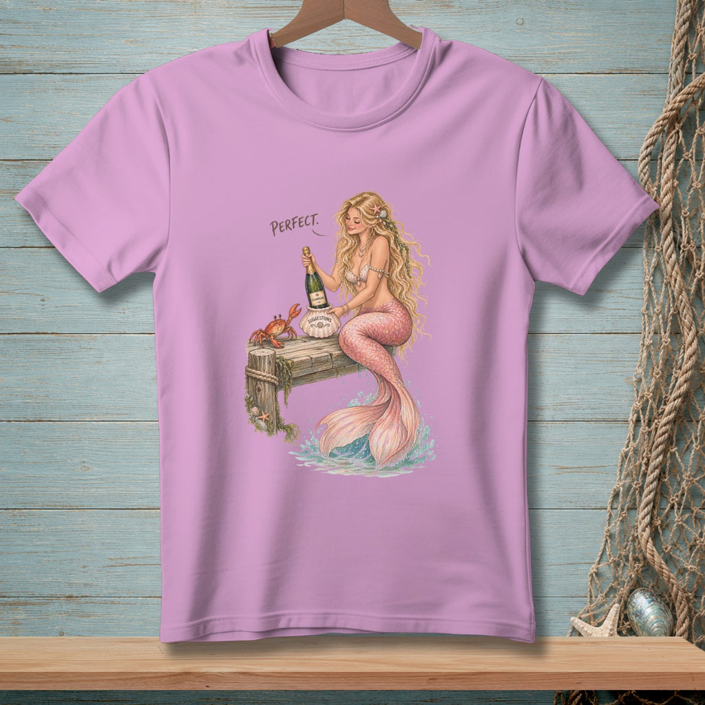 Mermaid with champagne and crab on pier, text "PERFECT."