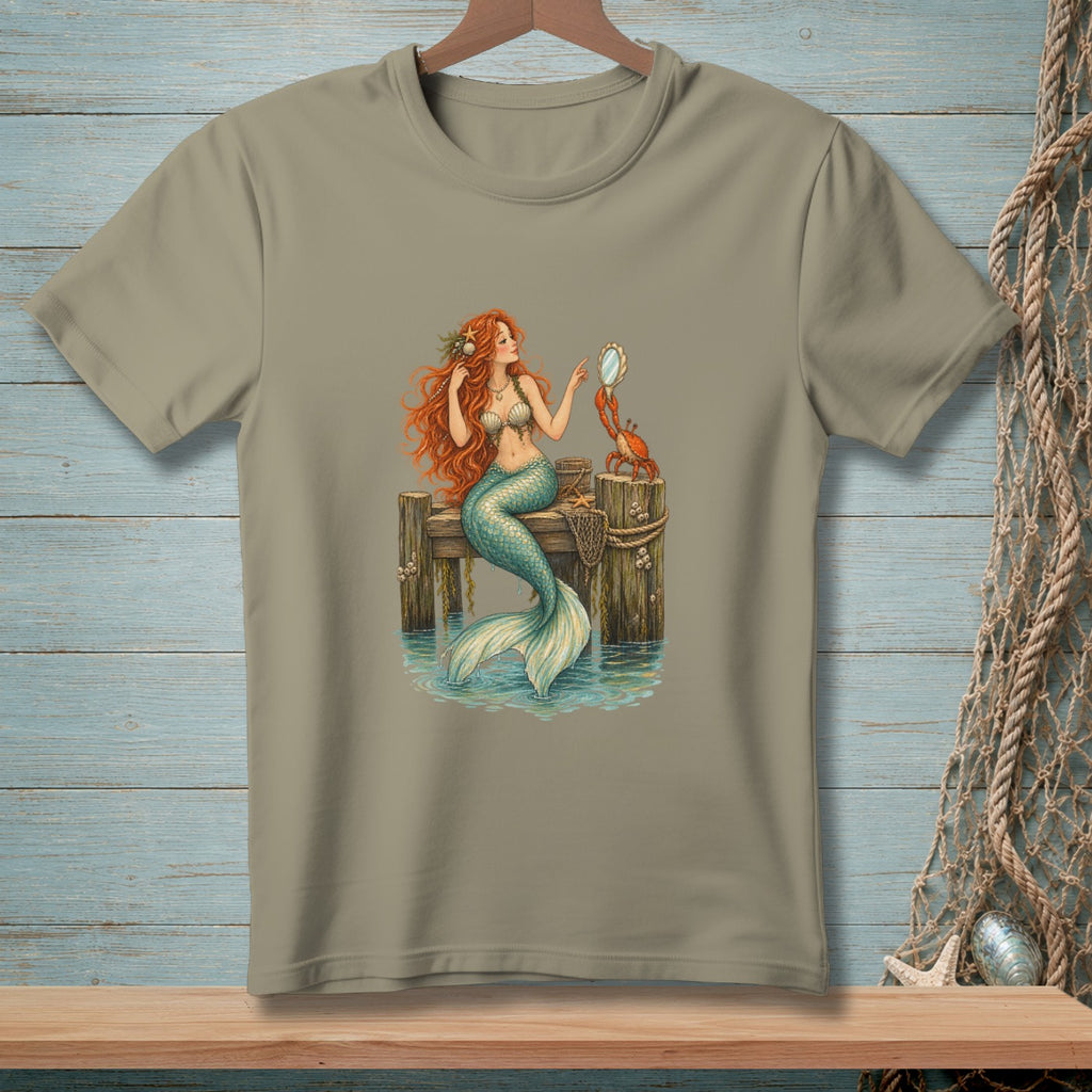 Mermaid with red hair sitting on a dock, holding a mirror, with a crab.