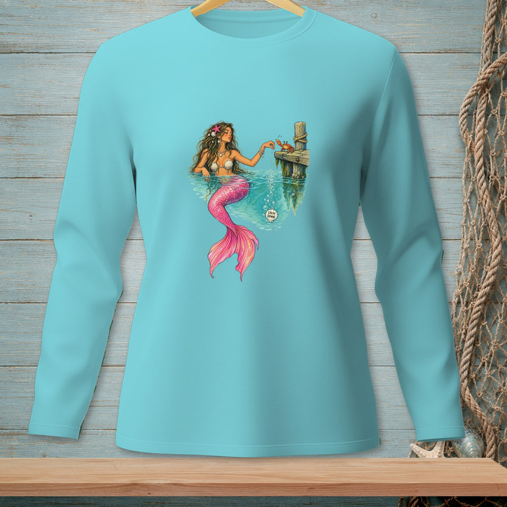 Mermaid reaching for a crab on a wooden dock with bubbles and text.