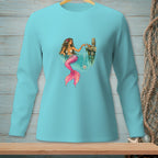 Mermaid reaching for a crab on a wooden dock with bubbles and text.